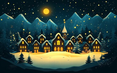 Poster - Charming winter village under a starry sky, featuring snow-covered roofs, glowing windows, and majestic mountains.