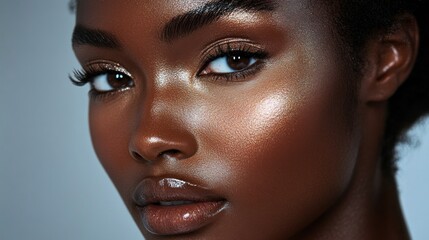 Wall Mural - Close-up of shimmering highlighter being applied to a model's cheekbone, emphasizing the glowing and radiant effect