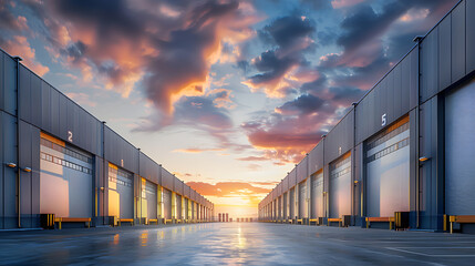 Wall Mural - Early morning sunrise casts warm glow on vast modern gray warehouse distribution facility with rows of stacked shipping containers and tall loading dock doors.