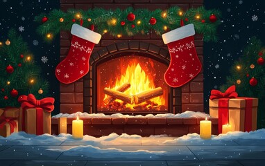 Poster - Cozy fireplace decorated with Christmas stockings and gifts, surrounded by snow, creating a warm holiday atmosphere.