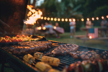 Wall Mural - 4th of July barbecue scene group of friends or family enjoying the food and company ai generated art