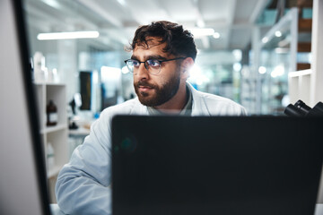Poster - Science, man and thinking in laboratory on computer for medical results, investigation and pharmaceutical research. Male scientist, online and innovation for clinical study, review and development.
