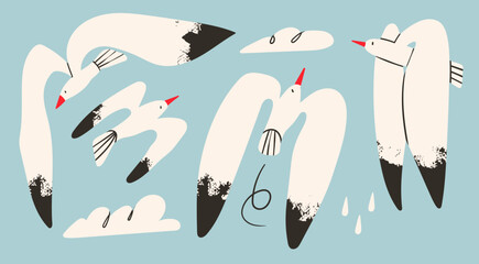 Wall Mural - set of black and white birds, clouds, rain drops. flying seagull collection. different poses. cartoo