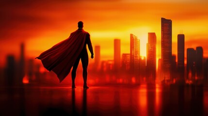 Futuristic city skyline at dusk, businessman superhero in a red cape, confident and strong