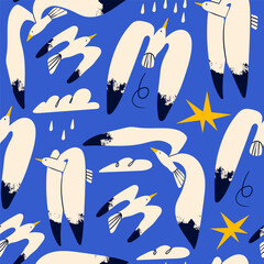 Wall Mural - set of black and white birds, clouds, star. flying seagull collection. different poses. cartoon styl