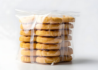 Wall Mural - Freshly baked golden biscuits neatly arranged in a stack, packaged in a transparent plastic wrapper, isolated on a pure white background, with a clean minimalist aesthetic.