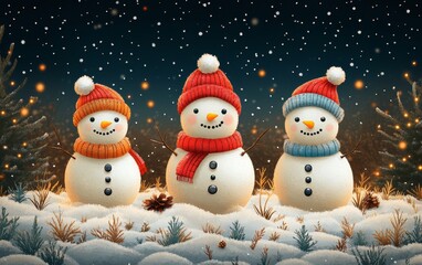 Wall Mural - Three cheerful snowmen wearing colorful hats and scarves stand in a snowy landscape, surrounded by softly falling snowflakes.