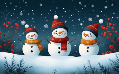 Wall Mural - Three cheerful snowmen wearing festive hats and scarves, surrounded by falling snowflakes and winter scenery.