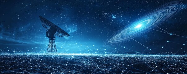 Wall Mural - Futuristic wireframe ground station with cosmic network and galaxy in the starry sky