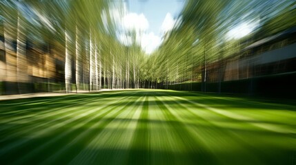 Poster - A blurred view of a grassy field with trees in the background.