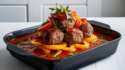 Wall Mural - A dish of a black casserole with meatballs and peppers, AI