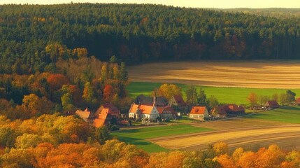 Sticker - A quaint village nestled among autumnal fields.