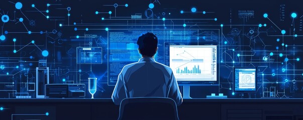 Researcher analyzing data on multiple computer screens in a futuristic laboratory