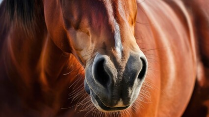 Poster - A close up of a horse's nose and mouth with the sun behind it, AI