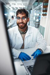 Wall Mural - Science, man and typing in laboratory on computer for medical results, investigation and pharmaceutical research. Male scientist, reading and innovation for clinical study, review and development.