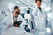© PeakPoints/peopleimages.com - Tablet, scientist and team with smile, medical research and man for results of test and talking. Lab, online and conversation for medicine of healthcare, pharmaceutical and collaboration for science