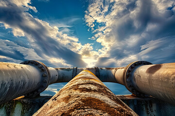 Canvas Print - A detailed view of a water pipe against a beautiful sky backdrop, suitable for construction or infrastructure concepts