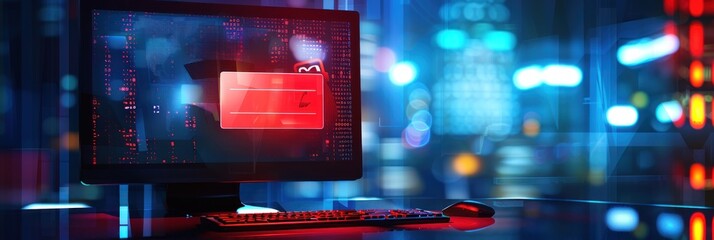 Modern computer with digital code on screen in a dark room.
