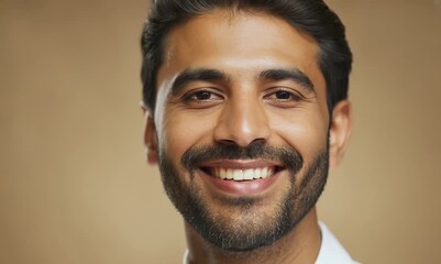 Wall Mural - Portrait of a smiling arabian man on a beige background