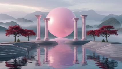 Canvas Print - A large pink ball sitting on top of a pond with pillars, AI