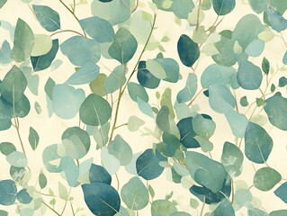 Wall Mural - Painting of eucalyptus leaves in sage green color on a light beige background in impressionist style seamless pattern