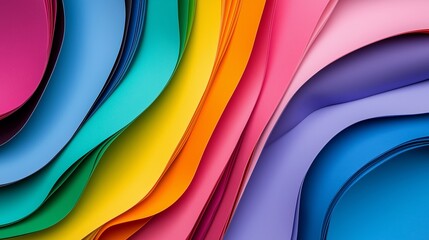 Wall Mural - A colorful stack of paper with a rainbow pattern. The colors are vibrant and the paper is cut into various shapes. Concept of creativity and playfulness, as the rainbow pattern suggests a fun