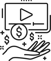 Fototapete - Monetization, blogging line icon, social media and multimedia content creation. Isolated monochrome vector sign, features computer screen with play button and hand holding dollar currency coins