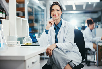 Wall Mural - Scientist, confident and portrait of woman in lab for research, experiment or chemical test. Medical, study and female biochemist with smile for investigation, molecule structure or gene therapy