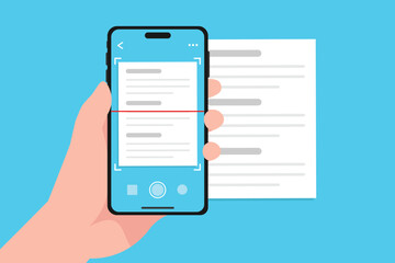 Document scan with mobile app camera, Text recognition and scanning with smartphone on hand holding.