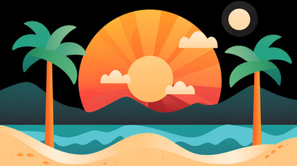 Wall Mural - Tropical Sunset Beach Scene with Palm Trees and Waves - Perfect for Summer Designs