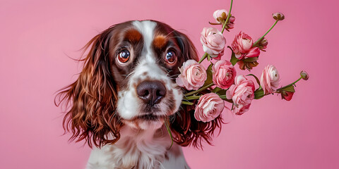 Sticker - Adorable spaniel dog cradles a bouquet of delicate pink flowers in its mouth, against a soft pink background, evoking feelings of love and affection.