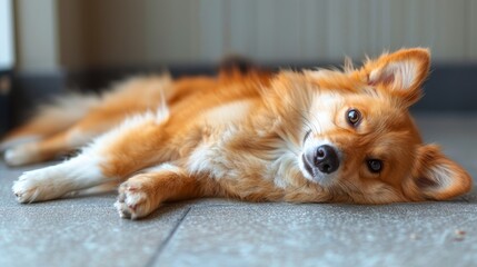 Sticker - Happy Dog Relaxing on the Floor in a Cozy Indoor Space During Afternoon