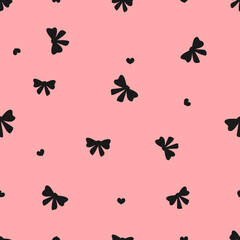 Sticker - Seamless pattern with ribbon bow and heart on pink background vector.