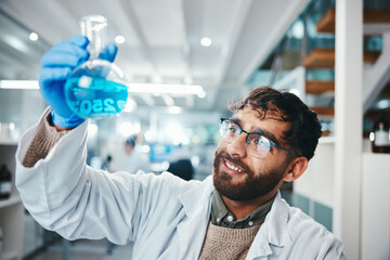 Sticker - Chemical, science and solution with man in laboratory for breakthrough, innovation or research. Beaker, pharmaceuticals and reaction with scientist at work on cure, medicine or vaccine development