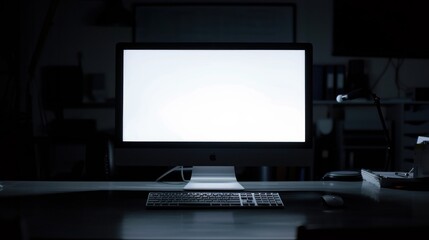 Blank computer screen in a dark office.