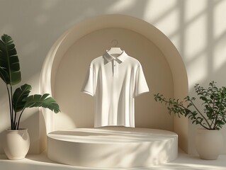 Wall Mural - Blank white polo shirt mockup on a stone pedestal with archway