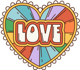 Wall Mural - Cartoon retro groovy love heart with rainbow, vibrant, psychedelic colors and daisy flower petals. Isolated vector symbol encapsulates free spirit of the 60s and 70s hippie movement or Valentines day