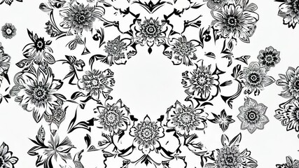 Fototapete - This Detailed floral artwork showcases a symmetrical black and white design.