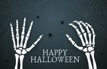 Wall Mural - Halloween skeleton hands with spiders and cobweb vector banner of horror holiday trick or treat party. Scary bone arms of Halloween monster, white silhouette of human skeleton hands on dark background