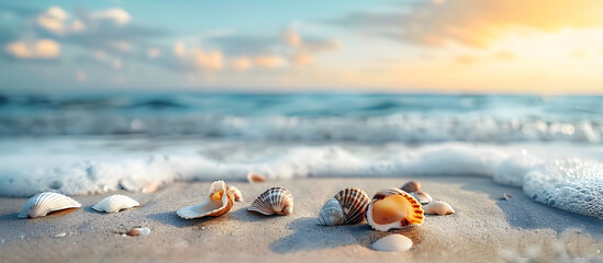 Wall Mural - On the sandy beach by the sea there are seashells scattered about It s the perfect spot for a relaxing seaside vacation with plenty of copy space image