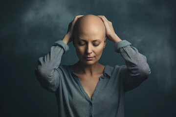 Wall Mural - Cancer awareness conceptual Generative AI illustration with bald hairless person after chemo treatment