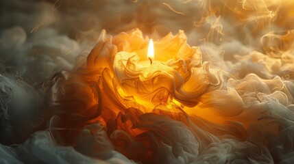 Wall Mural - a serene digital painting of a yellow candle with swirling, flower-like smoke in golden, orange, and
