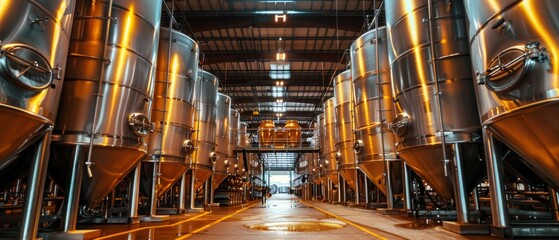 Person stands in brewery amidst stainless steel tanks, illuminated by golden light. High ceiling, concrete floor, yellow lighting enrich industrial atmosphere.