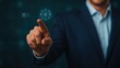 © stockpro - Businessman touching a virtual screen, showcasing technology and innovation, with a dark background highlighting digital connections.