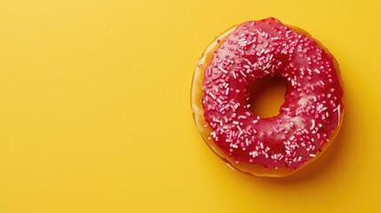 Raspberry donut with icing on yellow background Overhead view with space for text