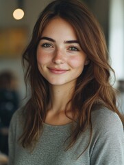 Wall Mural - A smiling woman with freckles on her hair, posing for the camera