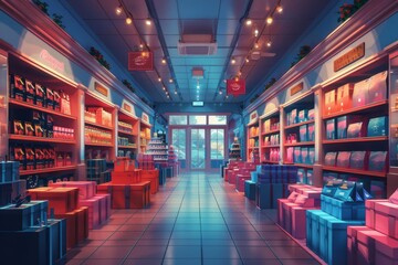 Inside shoping mall store in pink blue colors. Vector style