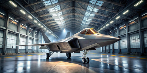 A military grey fighter jet f 22 raptor in the factory. Military factory weapon stand in the factory. 3d render.