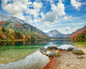 Wall Mural - captivating autumn scene of vorderer langbathsee lake.