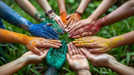 People of various ethnicities holding hands in a circle outdoors 